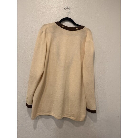 ST. JOHN BY MARIE GRAY SANTANA KNIT IVORY AND BROWN TRIM CARDIGAN SWEATER Sz L - Picture 2 of 10